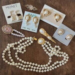 Vintage Pearl Gold Tone Jewelry Lot with Clip Earrings Necklace Brooch Hair Clip